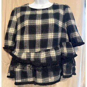 POL Plaid Flannel Top With Lace, Fringe and Ruffles Size M